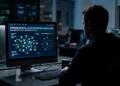 Hombre de espaldas mira pantalla con 'ETHEREUM PROTOCOL: POST-QUANTUM SECURITY'. Servidores al fondo.
