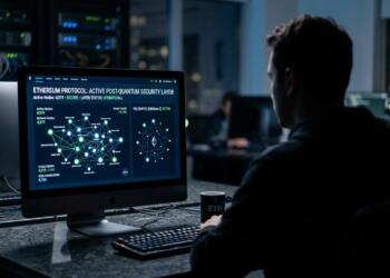 Hombre de espaldas mira pantalla con 'ETHEREUM PROTOCOL: POST-QUANTUM SECURITY'. Servidores al fondo.