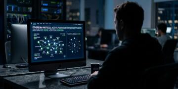 Hombre de espaldas mira pantalla con 'ETHEREUM PROTOCOL: POST-QUANTUM SECURITY'. Servidores al fondo.