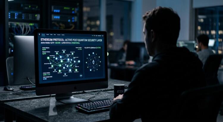 Hombre de espaldas mira pantalla con 'ETHEREUM PROTOCOL: POST-QUANTUM SECURITY'. Servidores al fondo.