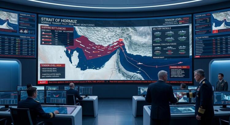 Oficiales militares vigilan el Estrecho de Ormuz en pantallas con mapas de tráfico naval.