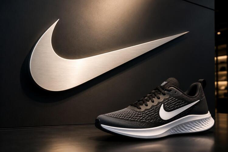 Logotipo de Nike junto a una zapatilla en una composición editorial.
