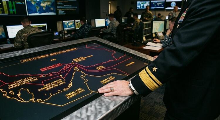 Un oficial naval de alto rango junto a una mesa táctica que muestra un mapa del Estrecho de Ormuz.