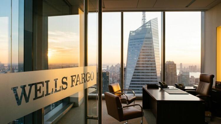 Oficina de Wells Fargo con vista al Bank of America Tower durante el atardecer dorado.