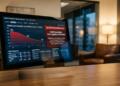 Monitor en oficina con gráfico de asignación tecnológica cayendo y alerta roja de burbuja tecnológica