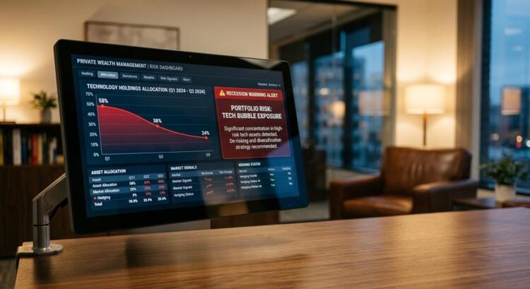 Monitor en oficina con gráfico de asignación tecnológica cayendo y alerta roja de burbuja tecnológica