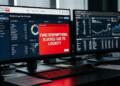 Pantallas de trading con gráficos financieros y una alerta de "Redenciones de fondos bloqueadas" en rojo.