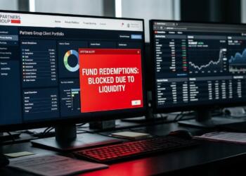 Pantallas de trading con gráficos financieros y una alerta de "Redenciones de fondos bloqueadas" en rojo.