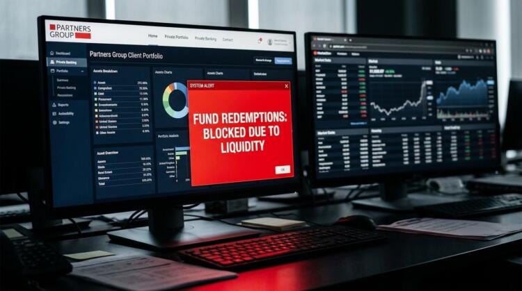 Pantallas de trading con gráficos financieros y una alerta de "Redenciones de fondos bloqueadas" en rojo.
