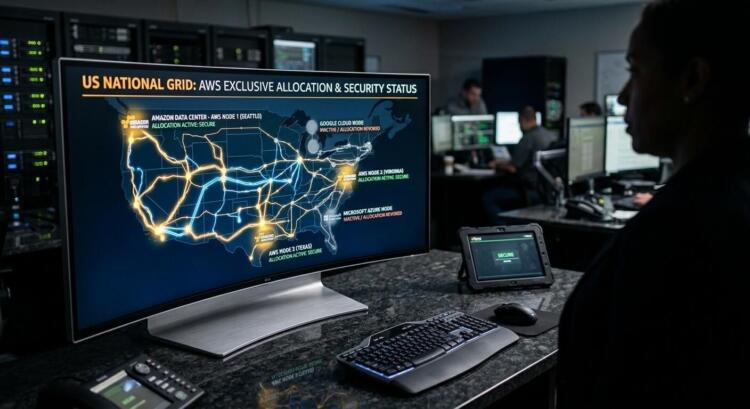 Persona mira monitor con mapa de EEUU que muestra red eléctrica y nodos de Amazon web service activos