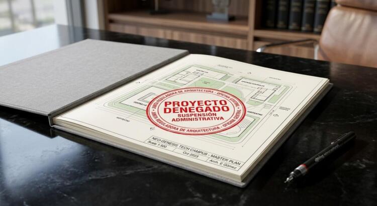 Planos del Neo-Genesis Tech Campus denegados con un gran sello rojo en un libro abierto.