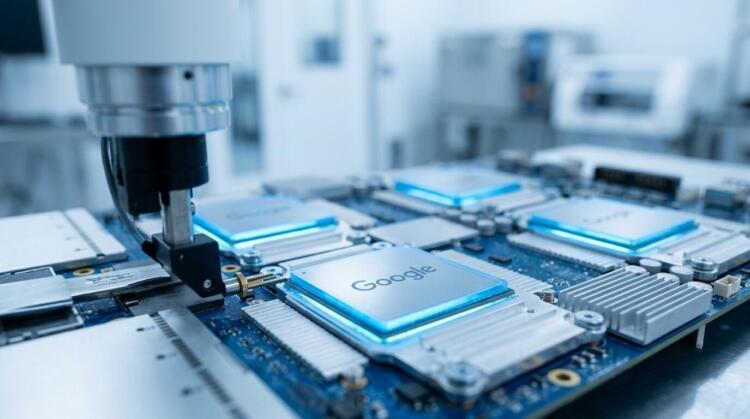Brazo robótico de precisión ensambla chips con logo de Google y luz azul brillante en placa.