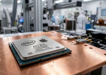 Un procesador de CPU con logotipos de Intel y Apple sobre una placa de cobre en una fábrica