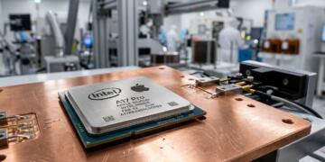 Un procesador de CPU con logotipos de Intel y Apple sobre una placa de cobre en una fábrica