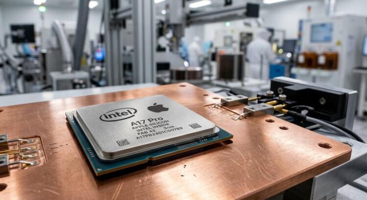 Un procesador de CPU con logotipos de Intel y Apple sobre una placa de cobre en una fábrica