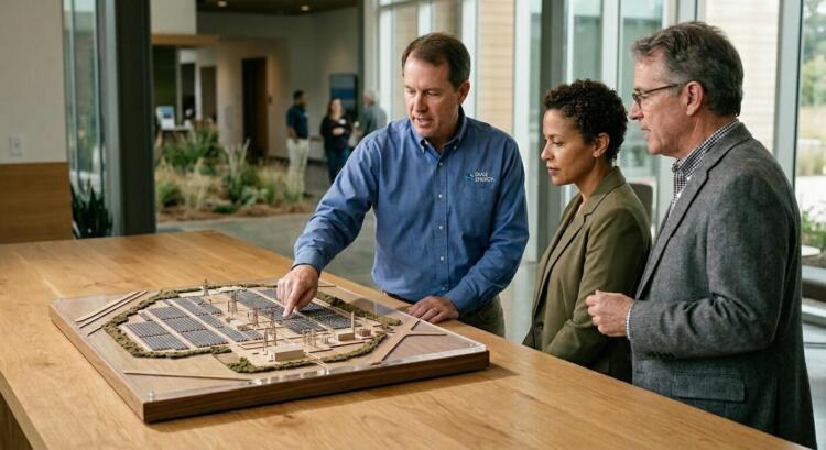 Ingeniero de Duke Energy señala maqueta de planta solar ante dos colegas en una oficina moderna.