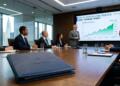 Ejecutivo presenta análisis de Intel en una sala de juntas moderna con rascacielos de Nueva York.
