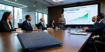 Ejecutivo presenta análisis de Intel en una sala de juntas moderna con rascacielos de Nueva York.