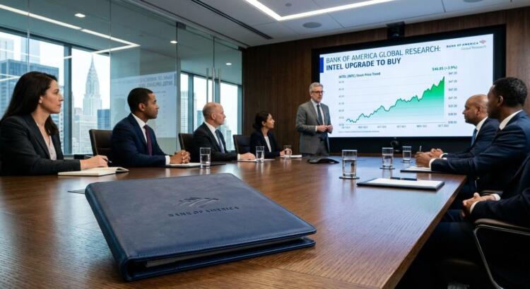 Ejecutivo presenta análisis de Intel en una sala de juntas moderna con rascacielos de Nueva York.