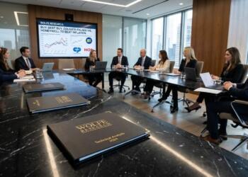 Ejecutivos en trajes sentados alrededor de mesa de mármol, viendo presentación financiera de Wolfe Research.