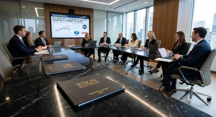 Ejecutivos en trajes sentados alrededor de mesa de mármol, viendo presentación financiera de Wolfe Research.