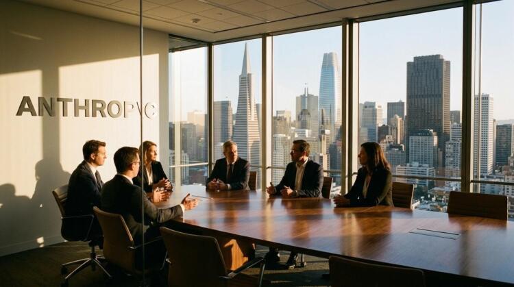 Seis ejecutivos de traje en una sala de Anthropic, San Francisco. Vista al atardecer y horizonte.