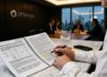 Ejecutivo revisa informe técnico de IA de J.P. Morgan en mesa de mármol con vistas a Nueva York.