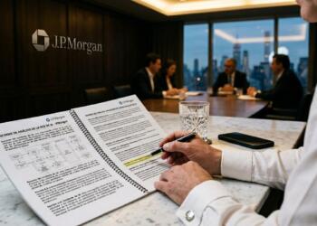 Ejecutivo revisa informe técnico de IA de J.P. Morgan en mesa de mármol con vistas a Nueva York.