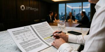 Ejecutivo revisa informe técnico de IA de J.P. Morgan en mesa de mármol con vistas a Nueva York.