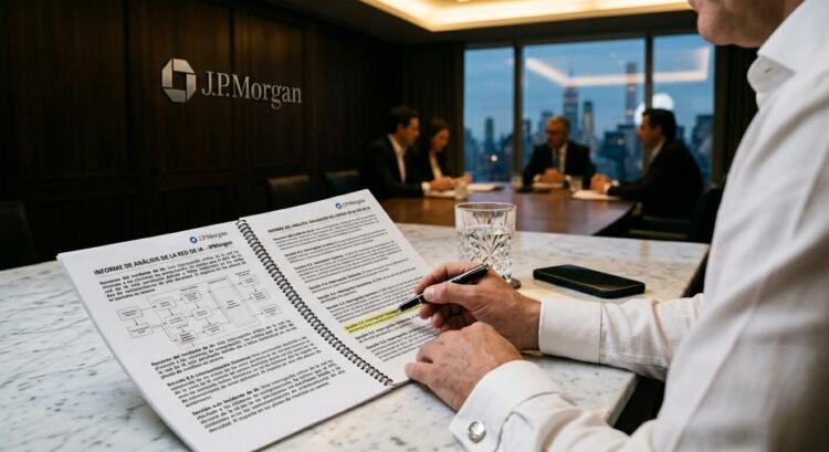 Ejecutivo revisa informe técnico de IA de J.P. Morgan en mesa de mármol con vistas a Nueva York.