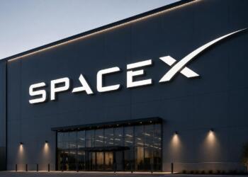 Logo de SpaceX en sede corporativa con diseño institucional.
