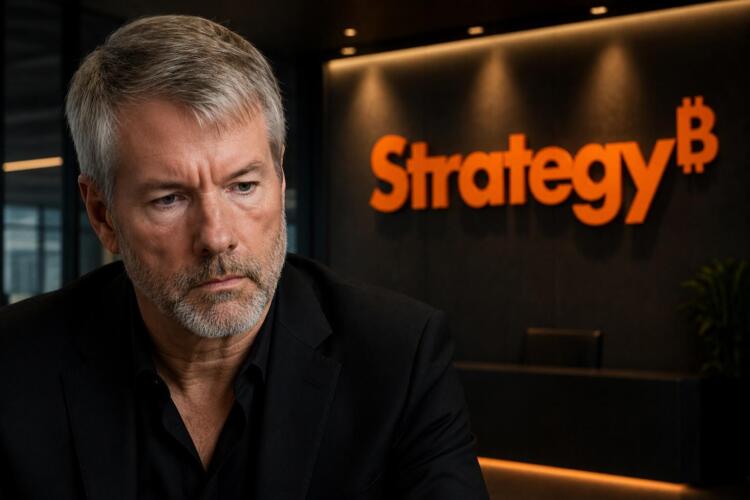 Michael Saylor frente a la sede de Strategy en un entorno corporativo.