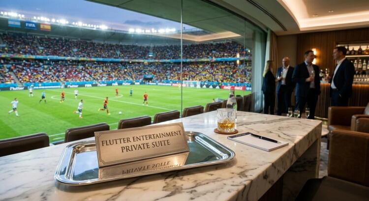Letrero de suite de Flutter en una barra de mármol, con vista de un partido de fútbol.
