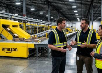 Empleados de Amazon con chalecos de seguridad hablan junto a cintas transportadoras automatizadas.