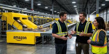 Empleados de Amazon con chalecos de seguridad hablan junto a cintas transportadoras automatizadas.