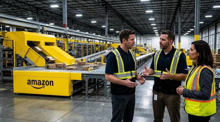 Empleados de Amazon con chalecos de seguridad hablan junto a cintas transportadoras automatizadas.