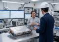 Analista y técnica revisan componentes en laboratorio