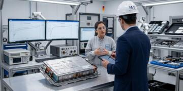 Analista y técnica revisan componentes en laboratorio