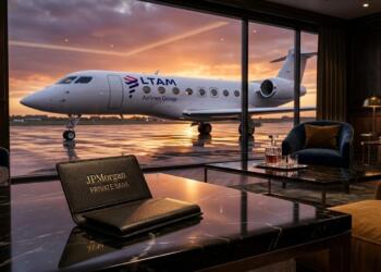 Tarjetero JPMorgan sobre mármol oscuro; jet de LATAM Airlines visible al atardecer.