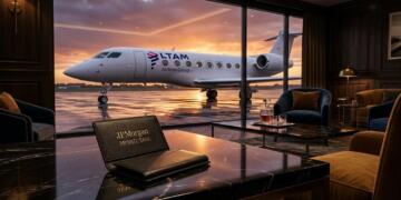 Tarjetero JPMorgan sobre mármol oscuro; jet de LATAM Airlines visible al atardecer.