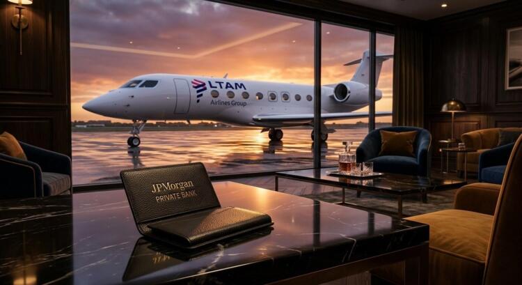 Tarjetero JPMorgan sobre mármol oscuro; jet de LATAM Airlines visible al atardecer.