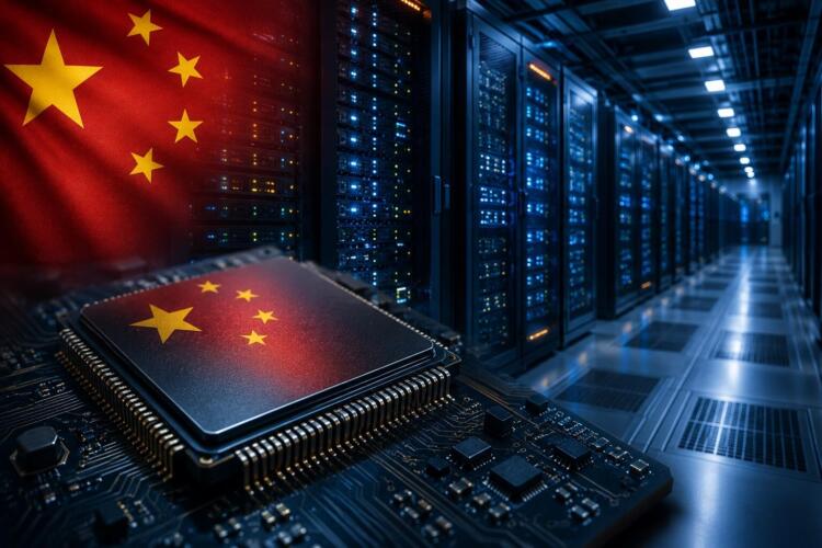 Chip con la bandera de China frente a un moderno centro de datos.