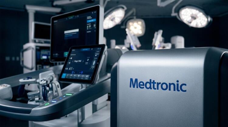 Primer plano de un sistema quirúrgico de Medtronic con múltiples pantallas encendidas en un quirófano.