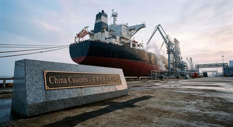 Primer plano de un cartel de aduanas de granito con un gran supertanque de fondo en el puerto