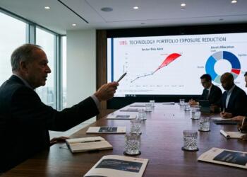 Foto de una presentación de UBS sobre la reducción de la exposición al riesgo tecnológico
