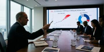 Foto de una presentación de UBS sobre la reducción de la exposición al riesgo tecnológico