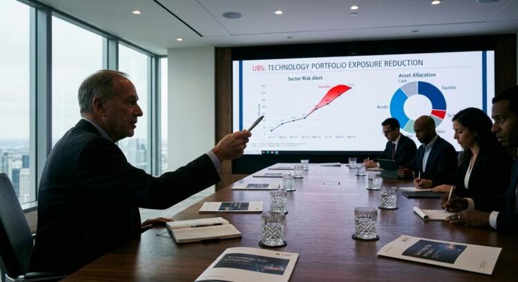 Foto de una presentación de UBS sobre la reducción de la exposición al riesgo tecnológico