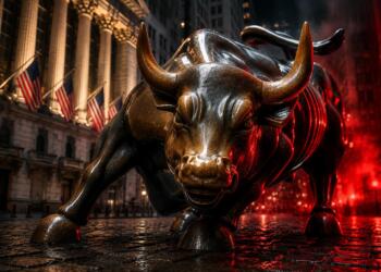 Toro de Wall Street en una escena financiera de alta tensión.