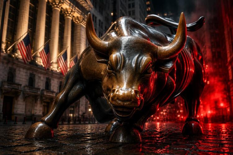 Toro de Wall Street en una escena financiera de alta tensión.