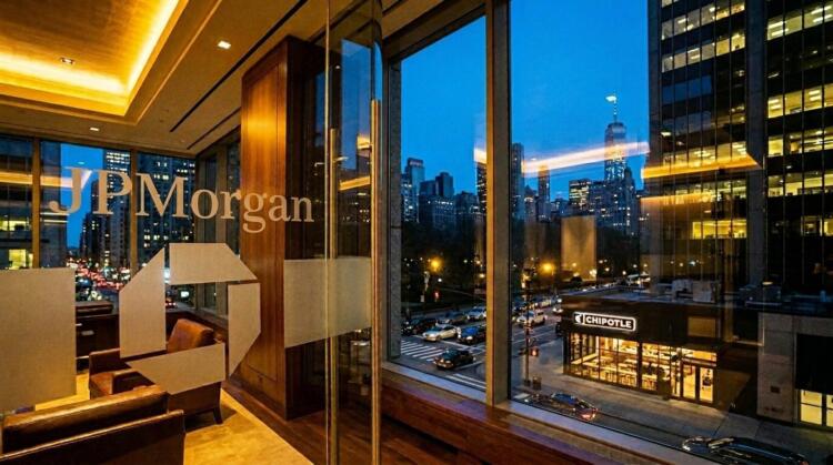 Oficina de JPMorgan con vistas de rascacielos de Nueva York por la noche y un Chipotle.